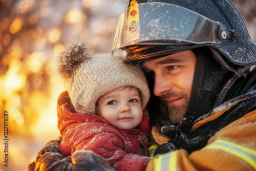 A firefighter rescuing a small child from a burning building, greatly heroic and brave in their action