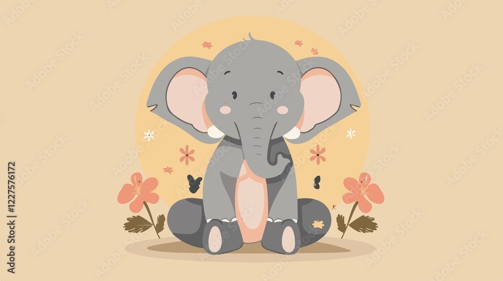 Fototapeta premium Adorable Elephant Sitting Flat Vector Illustration