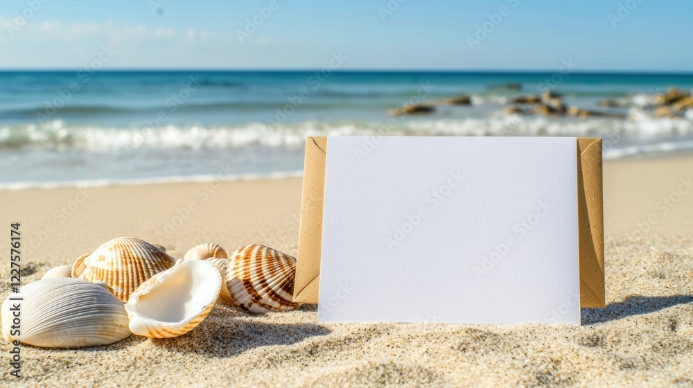 Blank card on beach sand with seashells and ocean view. Blank card on beach sand with seashells and ocean view.
