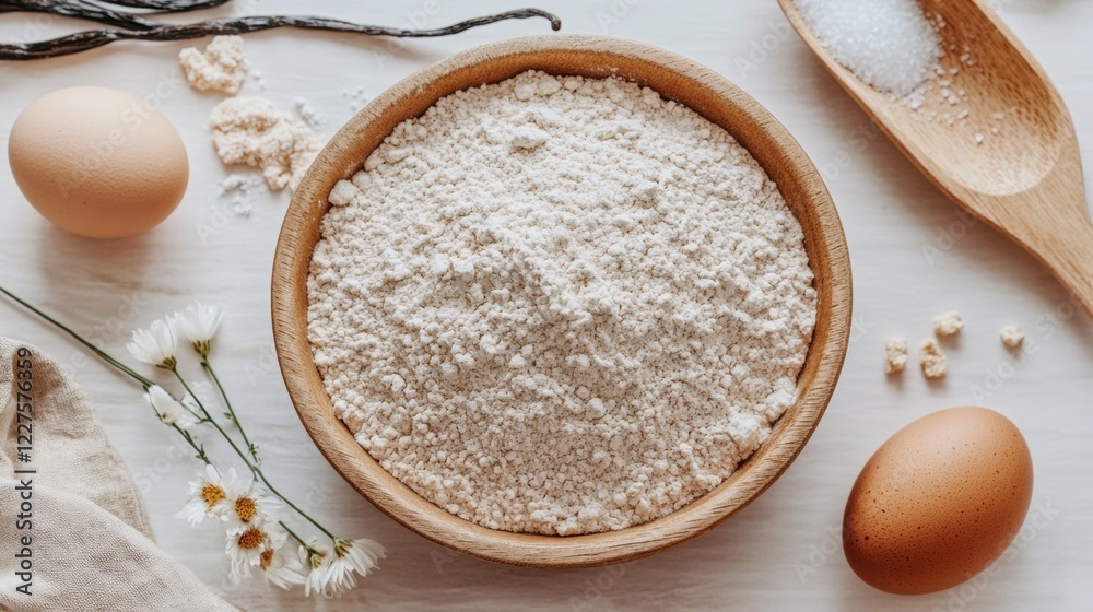Rustic Ingredients for Baking with Flour, Eggs, and Vanilla Beans