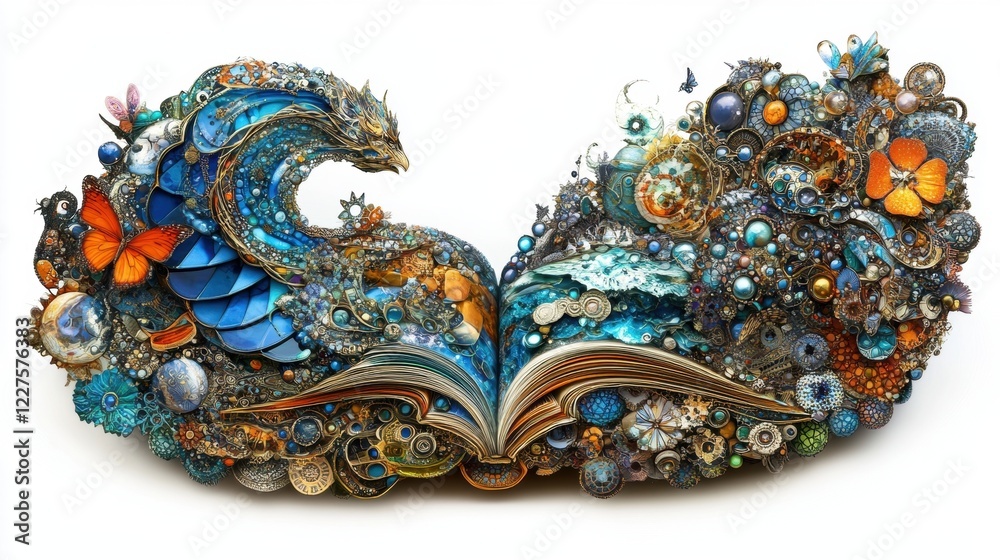 Fototapeta premium Fantasy Artwork of Open Book with Colorful Ocean and Nature Elements