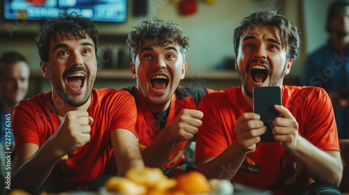 A group of football fans cheer and celebrate their team’s victory while watching the game on tv, symbolizing online sports betting photo