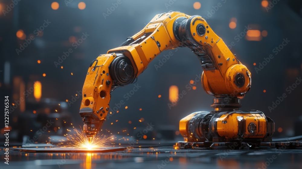 Industrial Robotic Arm Performing Precision Cutting Tasks in Factory Industrial Robotic Arm Performing Precision Cutting Tasks in Factory