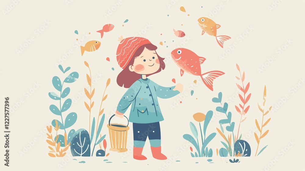 Adorable Little Girl Displaying Her Freshly Caught Fishes in Flat Vector Illustration Adorable Little Girl Displaying Her Freshly Caught Fishes in Flat Vector Illustration