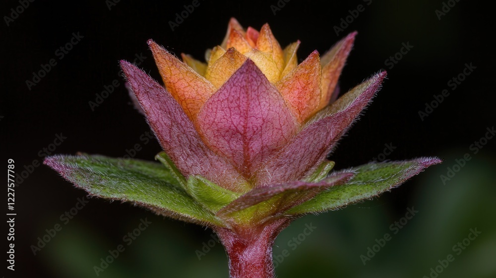 Fototapeta premium Close-up vibrant flower bud, garden bloom, dark background, nature photography, botanical illustration