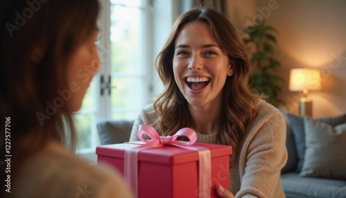 Happy woman receiving a pink gift box at home.