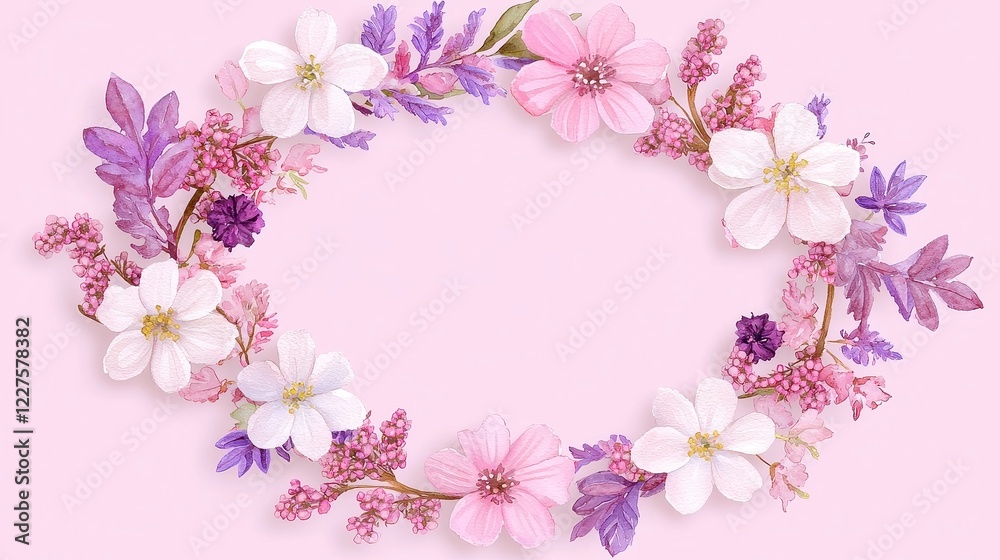 Fototapeta premium Wildflower Crown Design, a hand-painted watercolor illustration featuring a delicate arrangement of flowers, perfect for summer-themed decor and stationery accents