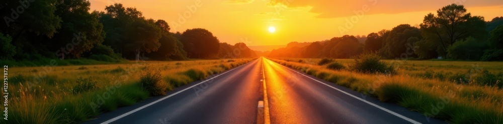 Runway illuminated by golden sunset light, surrounded by lush greenery, nature, airport, airports