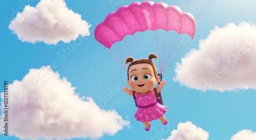Baby Girl Parachuting Through a Cloud-Filled Sky