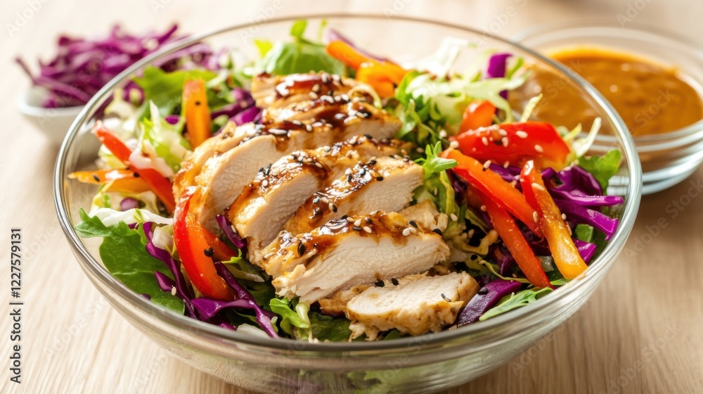 A fresh and crispy Asian-style chicken salad with cabbage, bell peppers, and a sesame ginger dressing A fresh and crispy Asian-style chicken salad with cabbage, bell peppers, and a sesame ginger dressing