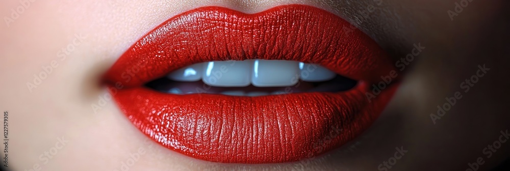 Obraz premium Bright red lipstick enhances lips in a close-up shot showcasing beauty and confidence