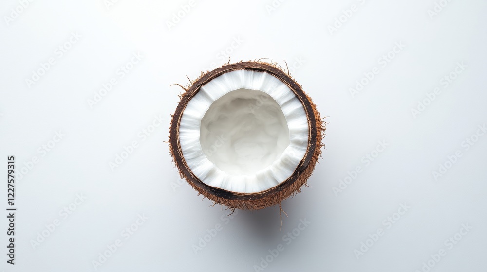 Fresh Coconut Halved with White Flesh on a Bright Background Fresh Coconut Halved with White Flesh on a Bright Background