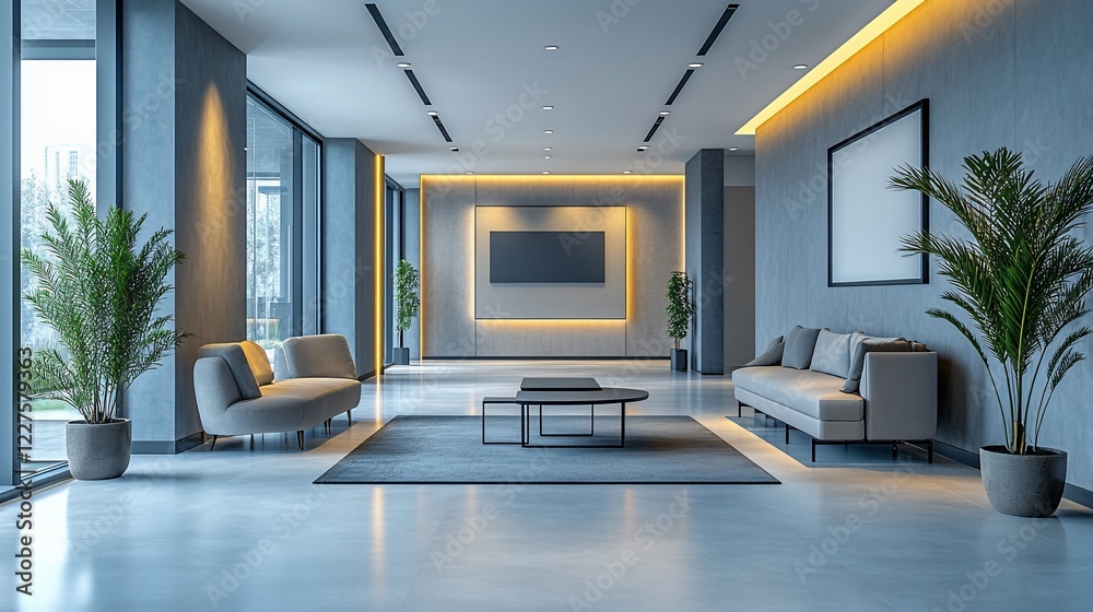 Fototapeta premium Modern Office Lobby Interior Design: Sophisticated and Serene Workspace
