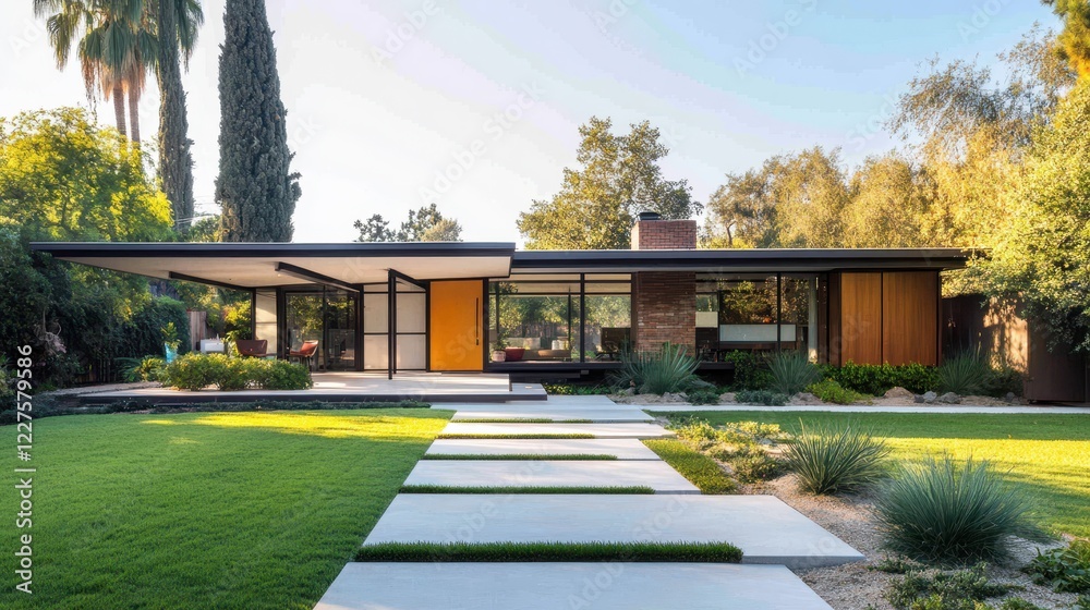 Modern House with Lush Garden in Bright Daylight Modern House with Lush Garden in Bright Daylight