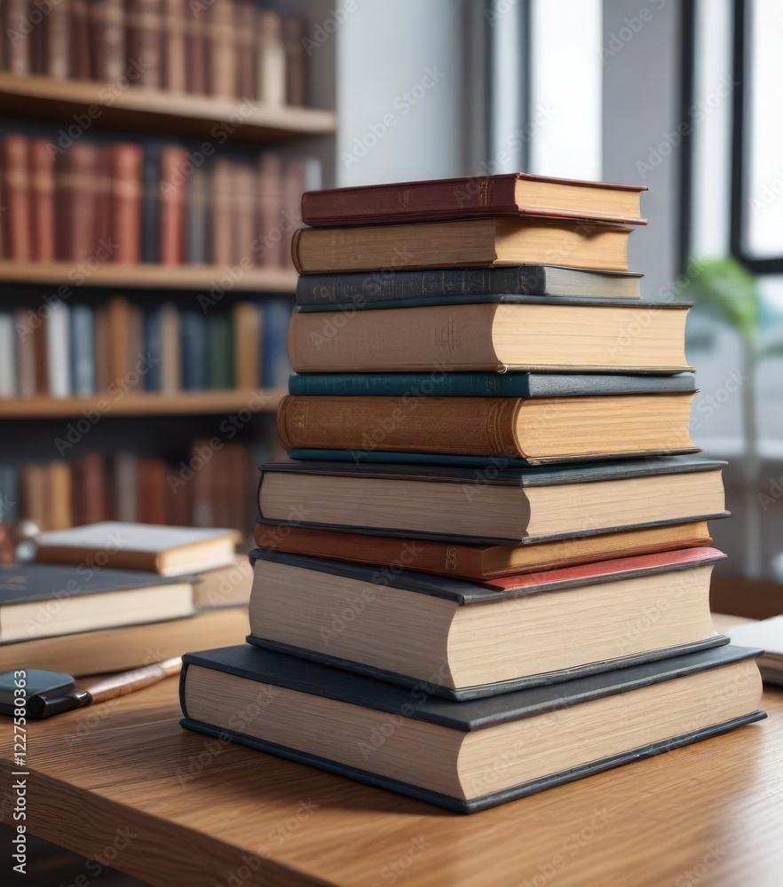 Group of textbooks neatly arranged on a clean desk, school, studying, meticulous Group of textbooks neatly arranged on a clean desk, school, studying, meticulous