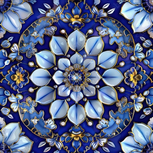 chinese cloisonne blue white gold detailed ray tracing seamless pattern tile ceramics craft art deco glossy cultures