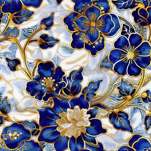 chinese cloisonne blue white gold detailed ray tracing seamless pattern tile ceramics craft art deco glossy cultures flower
