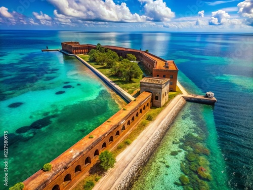 Aerial View: Fort Jefferson, Dry Tortugas National Park, Florida - Concrete Walkway & Turquoise Waters photo