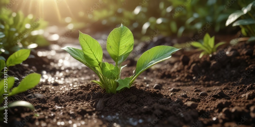 Green shoot growing through wet soil and sunlit leaves, plant life, nature Green shoot growing through wet soil and sunlit leaves, plant life, nature