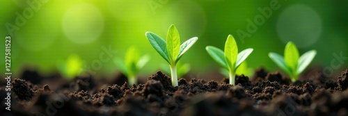 Green broadleaf leek sprouts emerging from soil, organic, plants
