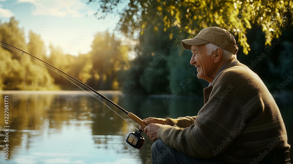 Photorealistic image of an elderly man enjoying a peaceful moment while fishing by a calm lake on a sunny day
Photorealistic image of an elderly man enjoying a peaceful moment while fishing by a calm lake on a sunny day