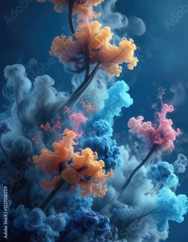 Gradual blooming of abstract smoke in a serene blue environment, soothing ambiance, gradual growth