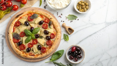 Gourmet pizza topped with mixed olives artichoke hearts and fresh basil arranged on a marble table, mixed olives, , fresh basil, marble table, elegant presentation