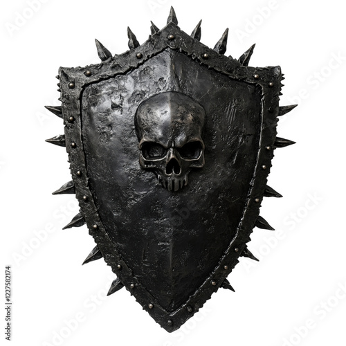 Dark metal battle shield adorned with spikes and a menacing skull emblem, featuring a rugged, battle-worn design, isolated on a transparent background. Perfect for fantasy and warrior themes photo