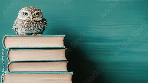 Wallpaper Mural Owl on Stack of Books with Turquoise Background for Education Theme Torontodigital.ca