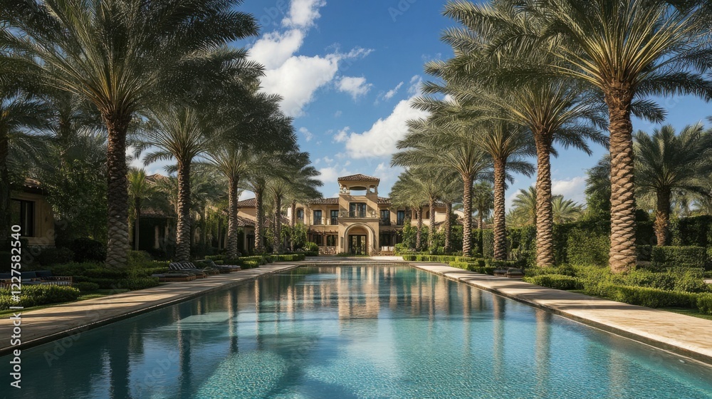 Fototapeta premium a long pool with palm trees and a building in the background