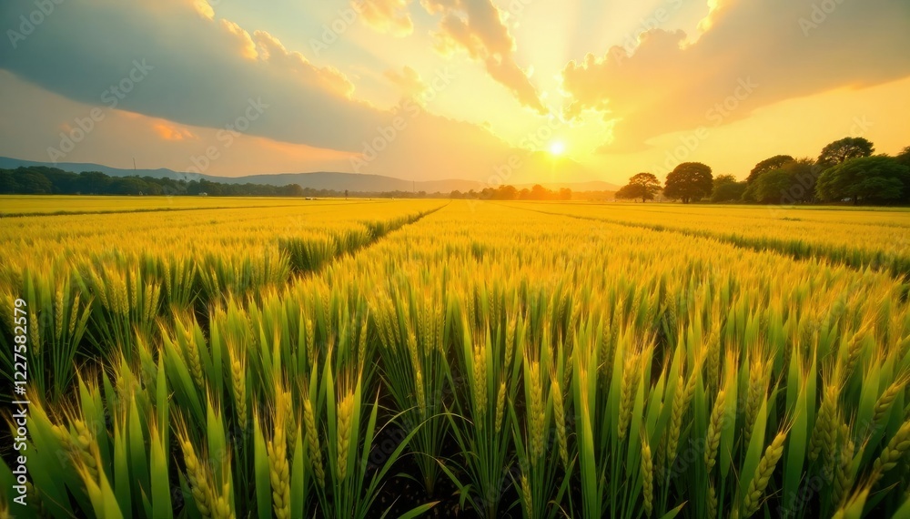 Golden light dances across a vast expanse of rice, serene, farm, peaceful Golden light dances across a vast expanse of rice, serene, farm, peaceful