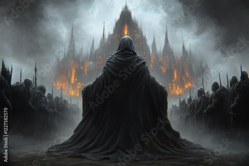 A moody scene of a cloaked ruler seated on a throne, overseeing a court of shadowy advisors in a dimly lit, Gothic-style hall