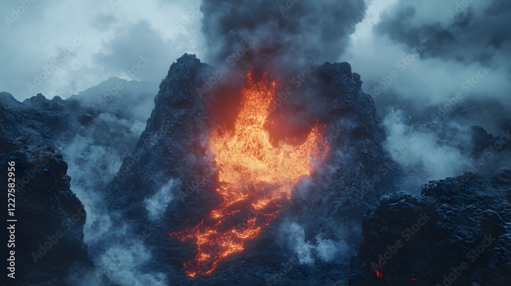 Fototapeta premium Eruptive Energy: A Fiery Volcanic Portal Surrounded by Jagged Obsidian Rocks