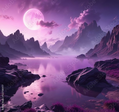 Glowing purple vapour floats above an otherworldly landscape , vapour, float