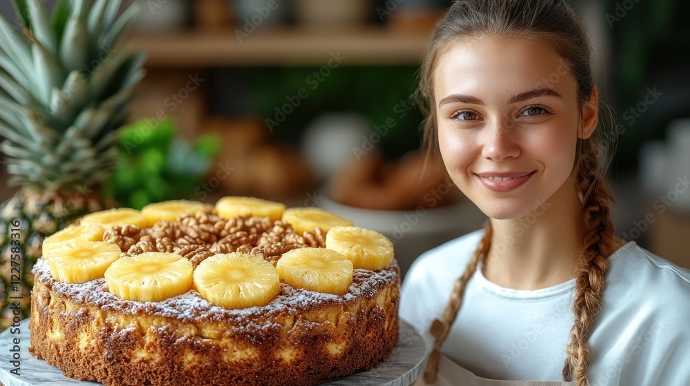 Baker presents pineapple cake, kitchen backdrop