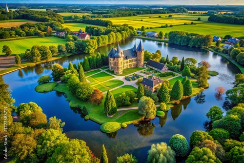 Aerial View: Lush Ancient Park, Castle, Lake - 1860s Style photo