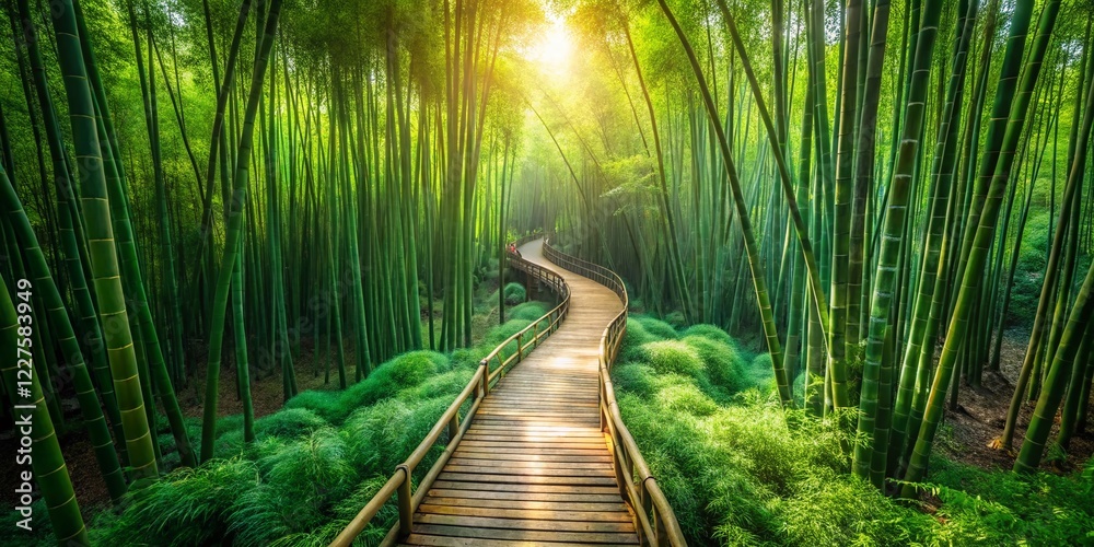 Obraz premium Aerial View Lush Green Bamboo Forest Tropical Rainforest Wooden Walkway Path