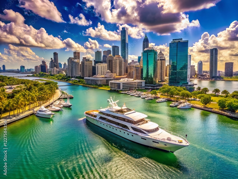 Fototapeta premium Aerial View Luxury Yacht Miami South Beach Marina Summer Vacation
