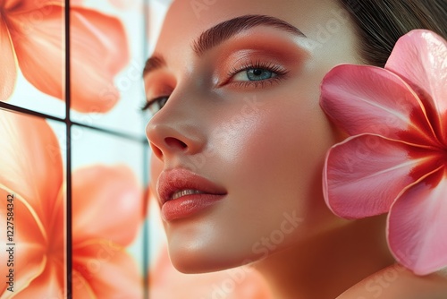 Captivating beauty portrait with vibrant flowers in an artistic layout for advertising purposes photo