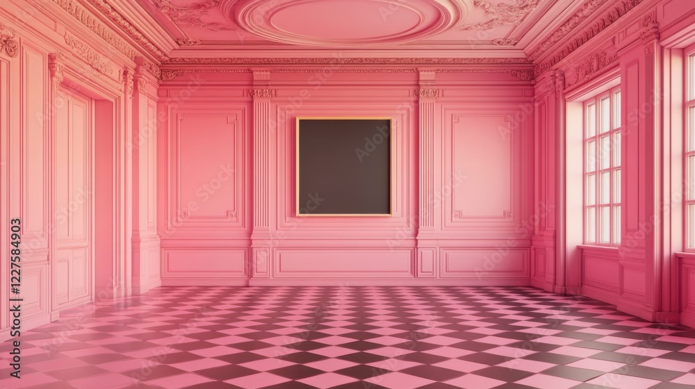 Fototapeta premium a room with a checkered floor and a painting on the wall