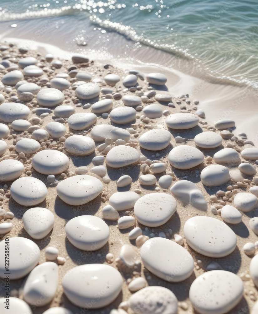 Obraz premium Gentle waves washing over a bed of white pebbles on a sunny day, natural, shoreline, outdoors, surface