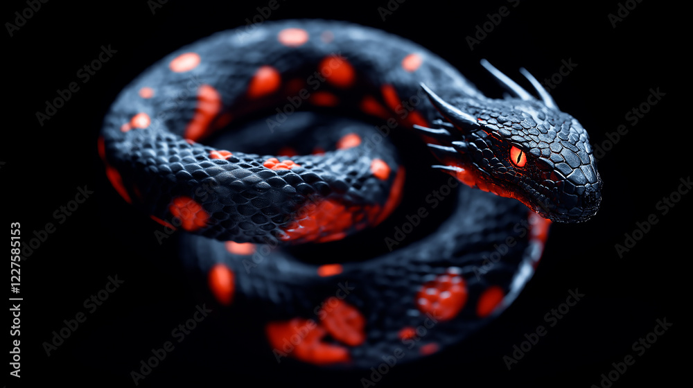 Obraz premium Dragon eye in close-up. Dark background. Fantasy monster looking. Realistic dinosaur eye. Macro shot of a predatory magical animal. wallpaper