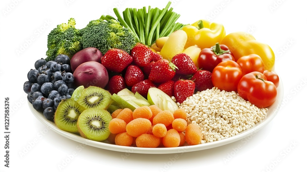 Nutritious plate filled with fruits, vegetables, whole grains, and lean proteins