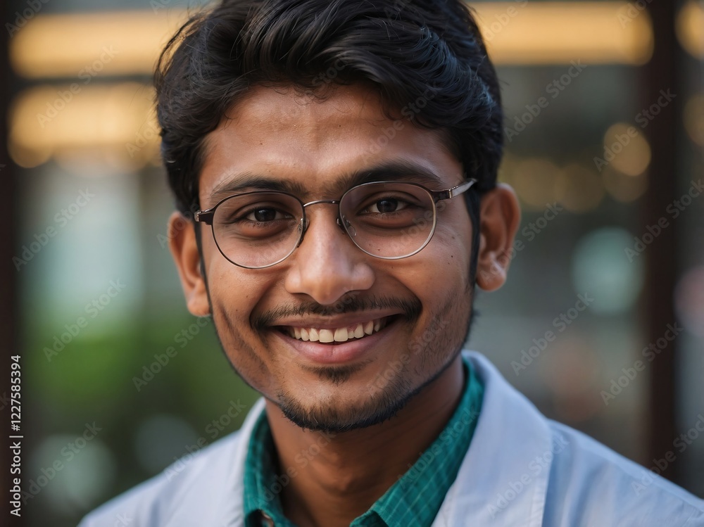 Fototapeta premium Cheerful Young Adult Man in Glasses Portrait Outdoors with Warm Colors and Bokeh Effects