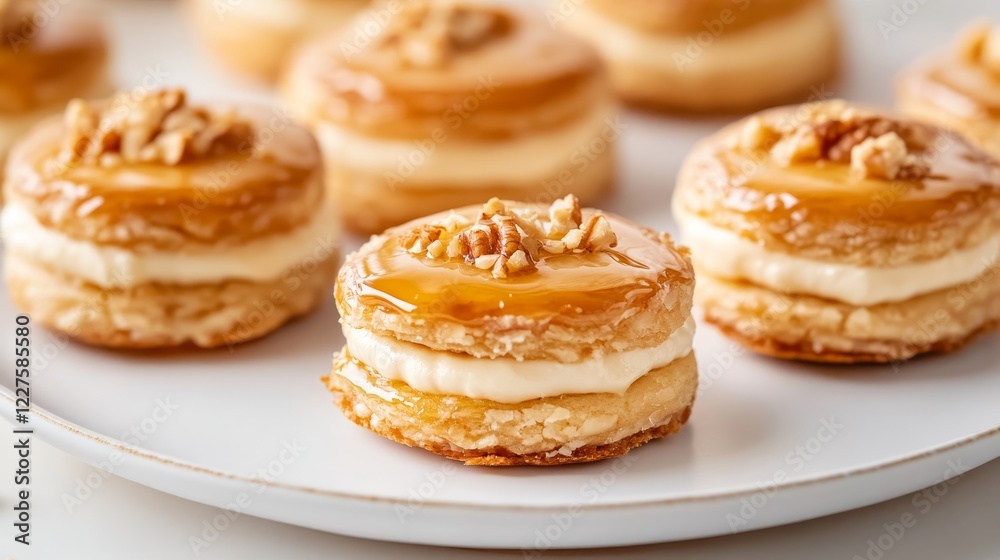 Sweet Honey Baklava Cream Sandwich Cookies - Delightful honey-glazed cookies layered with creamy filling, topped with crunchy nuts. Symbolizing sweetness, indulgence, craftsmanship, warmth Sweet Honey Baklava Cream Sandwich Cookies - Delightful honey-glazed cookies layered with creamy filling, topped with crunchy nuts. Symbolizing sweetness, indulgence, craftsmanship, warmth