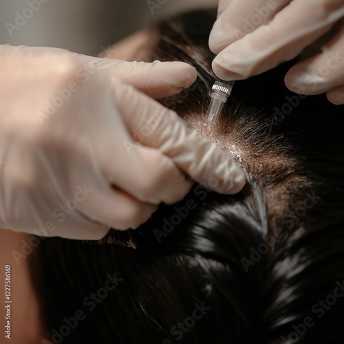 Detailed view of a patient's scalp during a microneedling session aimed at stimulating dormant hair follicles for improved hair growth, utilizing a precise and minimally invasive technique photo