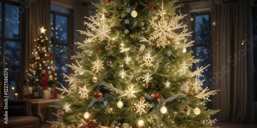 Sparkling snowflakes falling on a beautifully decorated Christmas tree , Christmas tree, winter