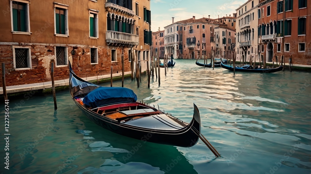 Serene Venetian Gondola Floating in Historic Canal Serene Venetian Gondola Floating in Historic Canal