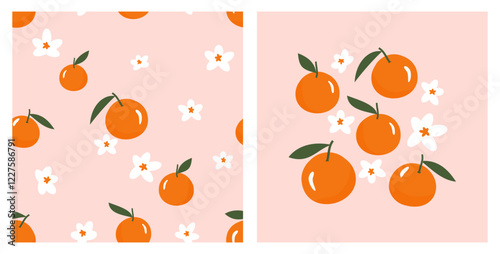 Seamless pattern with orange citrus fruit and cute flower on pink background vector. Retro orange wall art decoration.
