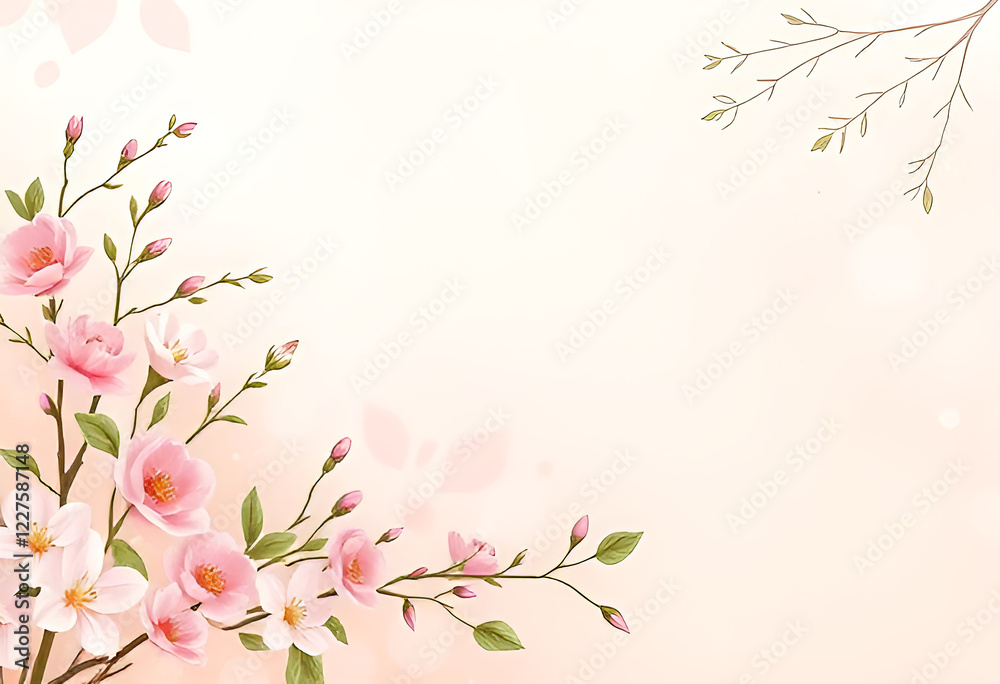 floral pink flowers with green leaves, elegant spring gentle pink background, wallpaper card design floral pink flowers with green leaves, elegant spring gentle pink background, wallpaper card design